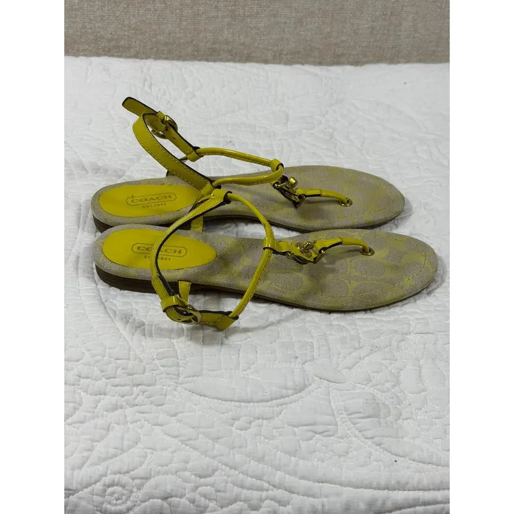 Coach Women’s 7 Yellow Patent Leather Flat Sandals Designer Summer Shoes Luxury